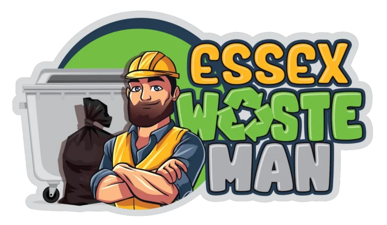 Essex Waste Man Logo showing a satisfied waste man in front of a clearance van with rubbish in a bag ready for the removal team providing House Clearance, Rubbish Clearance, Shed Demolition, Garden Clearance, Office Clearance, Garage Clearance, Fly-Tip Clearance, Builders Waste Disposal to take the rubbish away