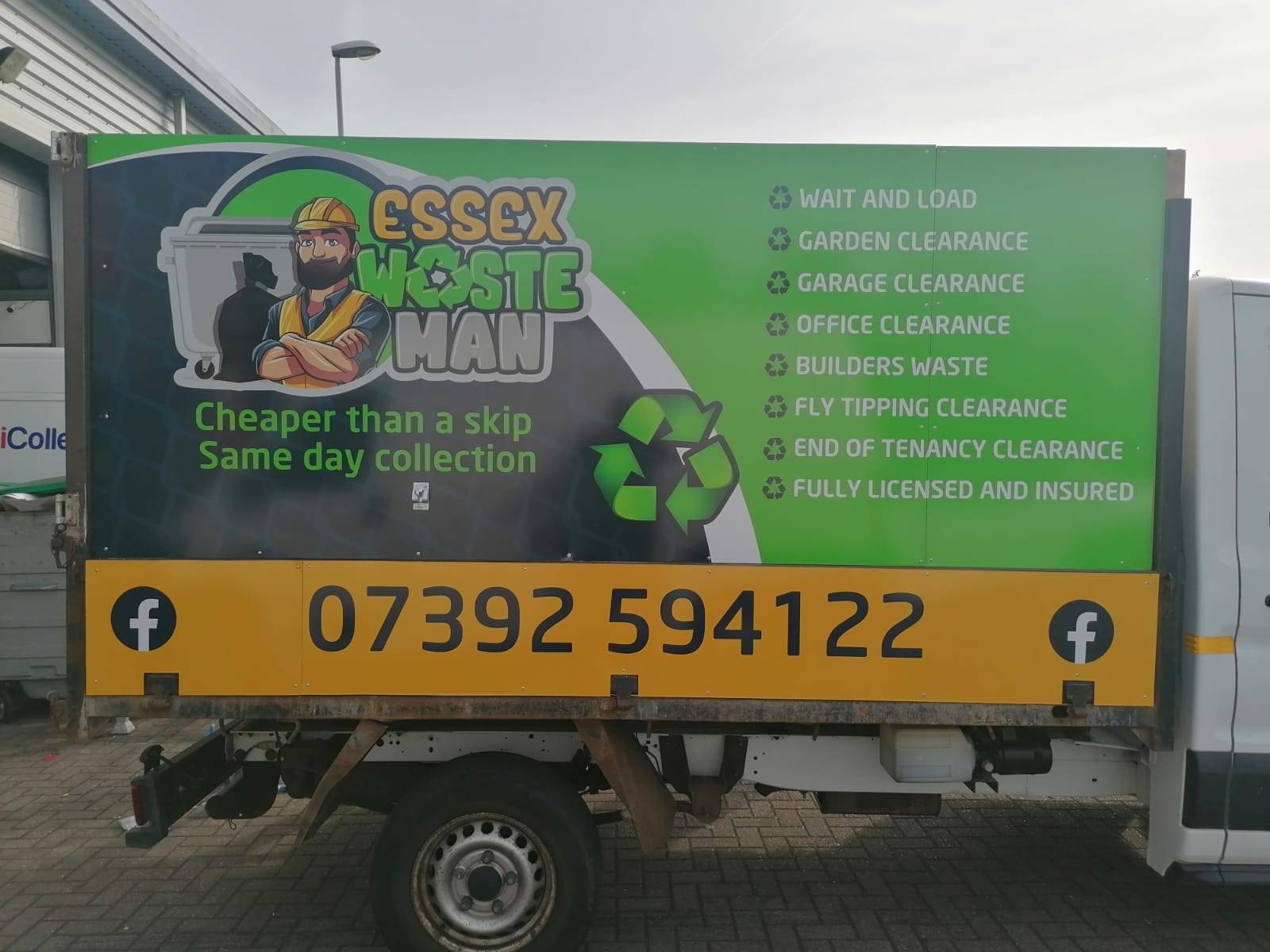 Two rubbish removal men wearing Essex Waste Man branded clothing with the work van and waste seen in the picture